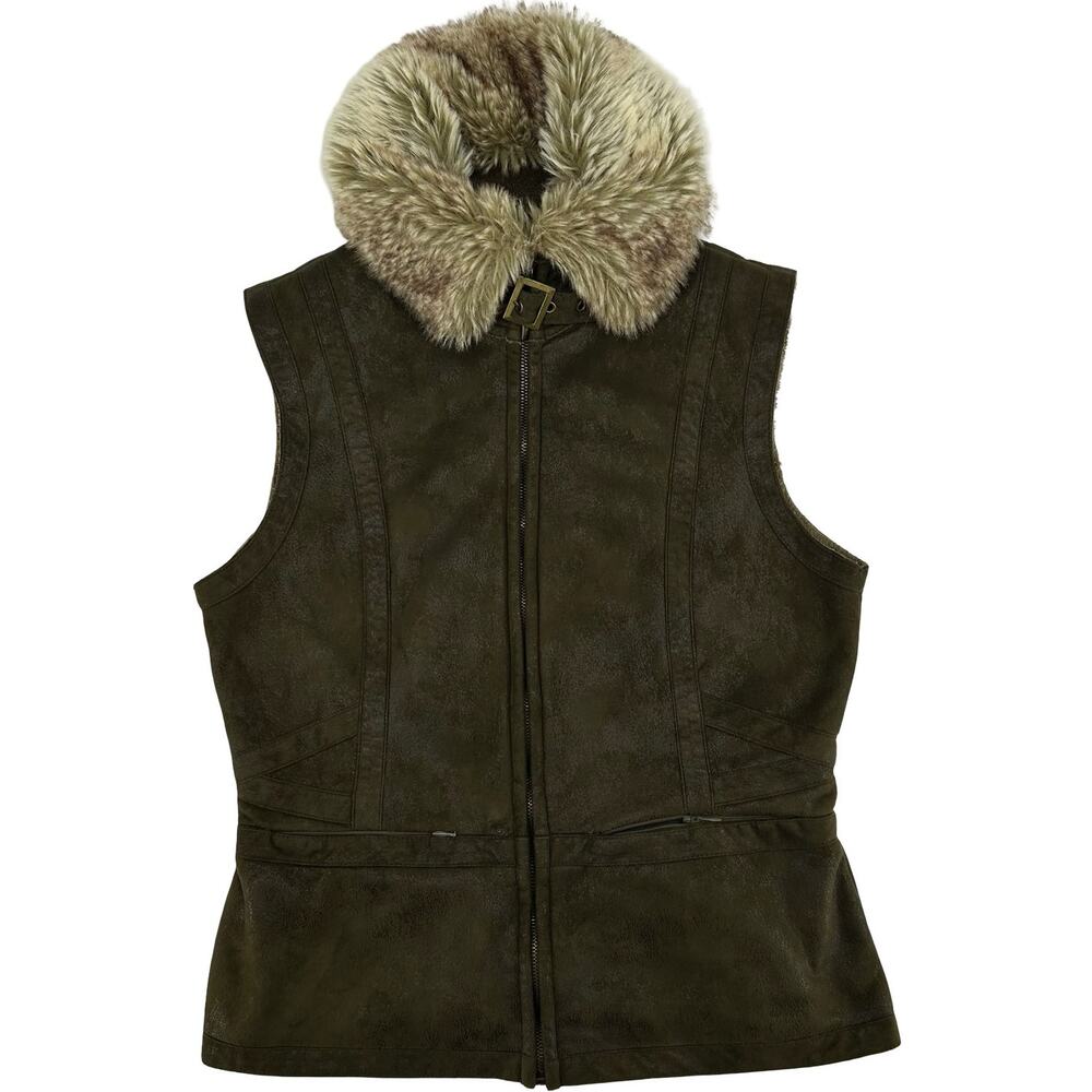 Vintage Women's Brown Western Cowboy Montanaco Faux Fur Full Zip Vest Sz S